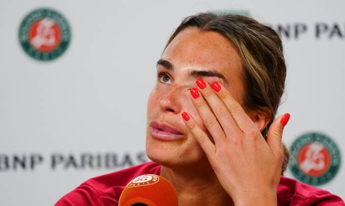 An emotional Aryna Sabalenka at her post match press conference, PK, Pressekonferenz following her quarter final defeat to Diana Shnaider French Open Tennis, Day Eleven, Tennis, Roland Garros, Paris, France - 03 Jun 2026Paris Roland Garros France EDITORIAL USE ONLY No use with unauthorised audio, video, data, fixture lists, club league logos or live services. Online in-match use limited to 120 images, no video emulation. No use in betting, games or single club league player publications. Copyright: xJavierxGarcia Shutterstockx 16906556bm