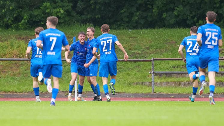 Players of Blumenthaler SV with goal celebration, cheering, jubilant, optimistic, game scene, highlight, joy about the goal to 1 0, 03 06 2026, Bremen Germany , Soccer, promotion round Regionalliga Nord, Blumenthaler SV 1 FC Germania Egestorf Langreder xobx