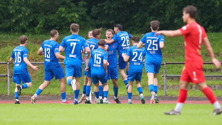 Players of Blumenthaler SV with goal celebration, cheering, jubilant, optimistic, game scene, highlight, joy about the goal to 1 0, 03 06 2026, Bremen Germany , Soccer, promotion round Regionalliga Nord, Blumenthaler SV 1 FC Germania Egestorf Langreder xobx