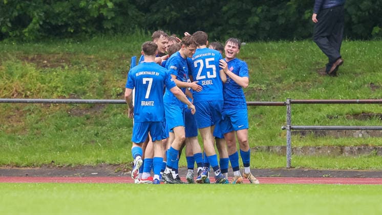Players of Blumenthaler SV with goal celebration, cheering, jubilant, optimistic, game scene, highlight, joy about the goal to 1 0, 03 06 2026, Bremen Germany , Soccer, promotion round Regionalliga Nord, Blumenthaler SV 1 FC Germania Egestorf Langreder xobx
