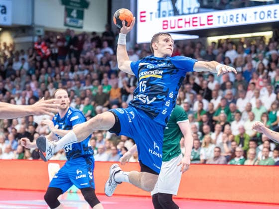 Simone Mengon TVB Stuttgart, 15 jumps freely into the circle, Frisch Auf Goeppingen vs TVB Stuttgart, Handball, 1 Bundesliga, Men, Season 2025 2026, 03 06 2026, Frisch Auf Goeppingen vs TVB Stuttgart, Handball, 1 Bundesliga, Men, Season 2025 2026, 03 06 2026 Goeppingen Copyright: xEibner-Pressefoto MichaelxSchmidx EP_MST