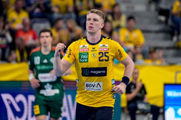 Goalscorer Haukur Thrastarson RNL, 25 , Rhein Neckar Löwen player, celebrates a goal, jubilation, cheer, goal celebration, celebrate the goal, goal, celebration, cheers about the goal, rejoicing, joy, optimistic, positive, game scene, highlight, single picture, single photo, action, 03 06 2026, Mannheim Germany , Handball, Bundesliga, Rhein Neckar Löwen TSV Hannover Burgdorf xozx