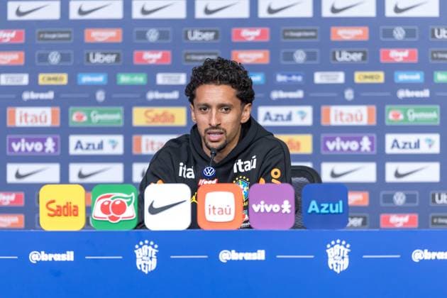 Fußball, FIFA WM 2026, Nationalteam Brasilien, Pressekonferenz Brazilian national team, Nationalteam press conference, PK, Pressekonferenz Marquinhos, a player for the Brazilian national team, speaks with journalists during a press conference at The Ridge hotel in Basking Ridge, New Jersey, United States, this Wednesday, June 3, 2026. Basking Ridge NJ UNITED STATES Copyright: xWilliamxVolcovx