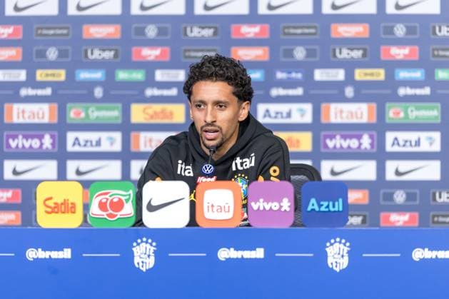 Fußball, FIFA WM 2026, Nationalteam Brasilien, Pressekonferenz Brazilian national team, Nationalteam press conference, PK, Pressekonferenz Marquinhos, a player for the Brazilian national team, speaks with journalists during a press conference at The Ridge hotel in Basking Ridge, New Jersey, United States, this Wednesday, June 3, 2026. Basking Ridge NJ UNITED STATES Copyright: xWilliamxVolcovx