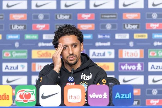 Fußball, FIFA WM 2026, Nationalteam Brasilien, Pressekonferenz Brazilian national team, Nationalteam press conference, PK, Pressekonferenz Marquinhos, a player for the Brazilian national team, speaks with journalists during a press conference at The Ridge hotel in Basking Ridge, New Jersey, United States, this Wednesday, June 3, 2026. Basking Ridge NJ UNITED STATES Copyright: xWilliamxVolcovx