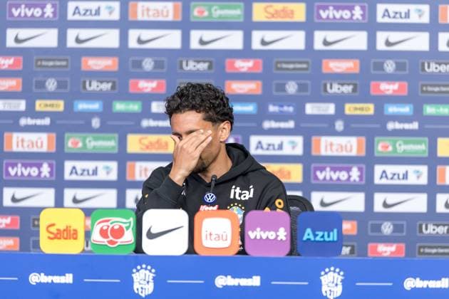 Fußball, FIFA WM 2026, Nationalteam Brasilien, Pressekonferenz Brazilian national team, Nationalteam press conference, PK, Pressekonferenz Marquinhos, a player for the Brazilian national team, speaks with journalists during a press conference at The Ridge hotel in Basking Ridge, New Jersey, United States, this Wednesday, June 3, 2026. Basking Ridge NJ UNITED STATES Copyright: xWilliamxVolcovx