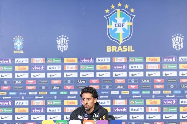 Fußball, FIFA WM 2026, Nationalteam Brasilien, Pressekonferenz Brazilian national team, Nationalteam press conference, PK, Pressekonferenz Marquinhos, a player for the Brazilian national team, speaks with journalists during a press conference at The Ridge hotel in Basking Ridge, New Jersey, United States, this Wednesday, June 3, 2026. Basking Ridge NJ UNITED STATES Copyright: xWilliamxVolcovx