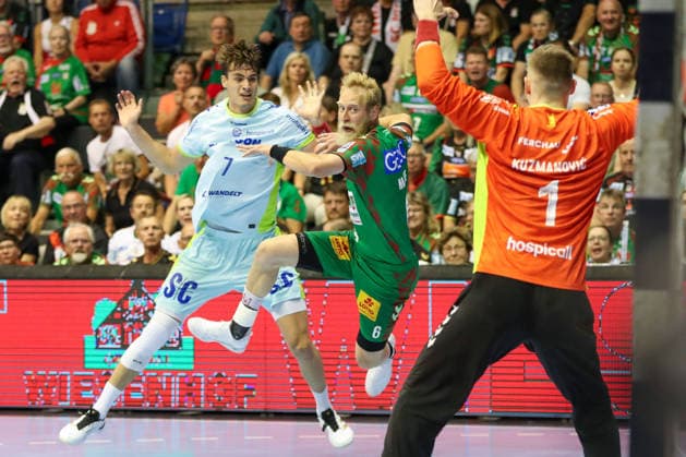03 06 2026, xgox, Handball Daikin HBL SC Magdeburg VfL Gummersbach emspor, v l Julian Koester Köster, Gummersbach, 7 , Matthias Musche Magdeburg, 6 duel, duel, fight, tackle Magdeburg