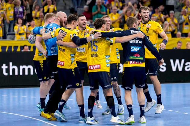 Rhein Neckar Löwen players, cheering after the final whistle, joy about the victory, winner, winners, cheers, cheering, cheerful, positive, happy, rejoicing, optimistic, highlight, action, action, dancing in a circle, team circle, team circle, 03 06 2026, Mannheim Germany , Handball, Bundesliga, Rhein Neckar Löwen TSV Hannover Burgdorf xozx