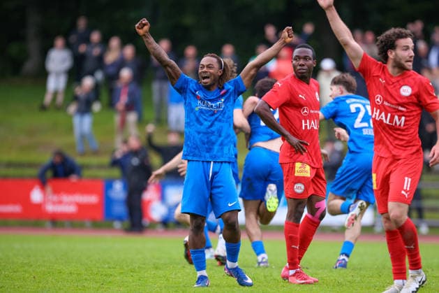 Larry Francklin Gogbe Blumenthaler SV, 8 with goal celebration, cheering, jubilant, optimistic, match scene, highlight, joy about the goal to 3 2, 03 06 2026, Bremen Germany , football, promotion round Regionalliga Nord, Blumenthaler SV 1 FC Germania Egestorf Langreder xobx