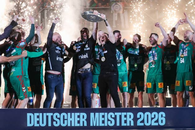 03 06 2026, xtgx, Handball, Daikin HBL, SC Magdeburg VfL Gummersbach v l award ceremony around Yves Grafenhorst Co Coach , Bennet Wiegert Magdeburg, Coach , Dino Spiranec Goalkeeping Coach Championship Cup, Cup, Trophy Jubilation over title win, Championship, German Champion, cheers, celebration Magdeburg