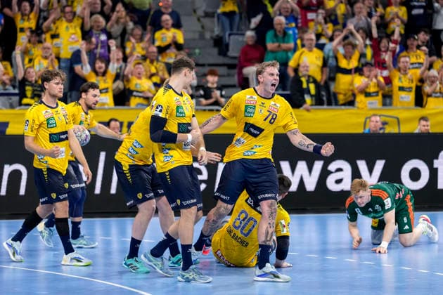 Rhein Neckar Löwen players, cheering after the final whistle, joy about the victory, winner, winners, cheers, cheering, cheerful, positive, happy, rejoicing, optimistic, highlight, action, 03 06 2026, Mannheim Germany , Handball, Bundesliga, Rhein Neckar Löwen TSV Hannover Burgdorf xozx