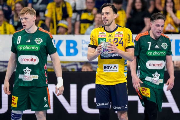 from left Vilhelm Poulsen Die Recken, 9 , Patrick Groetzki RNL, 24 , Leif Tissier Die Recken, 7 , Action, Action, Game scene, 03 06 2026, Mannheim Germany , Handball, Bundesliga, Rhein Neckar Löwen TSV Hannover Burgdorf xozx