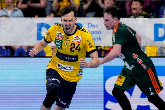 Patrick Groetzki RNL, 24 , Rhein Neckar Löwen player, celebrates a goal, cheers, cheering, goal celebration, celebrate the goal, goal, celebration, cheers about the goal, rejoicing, joy, happy, optimistic, positive, game scene, highlight, single picture, single photo, action, action, 03 06 2026, Mannheim Germany , Handball, Bundesliga, Rhein Neckar Löwen TSV Hannover Burgdorf xozx