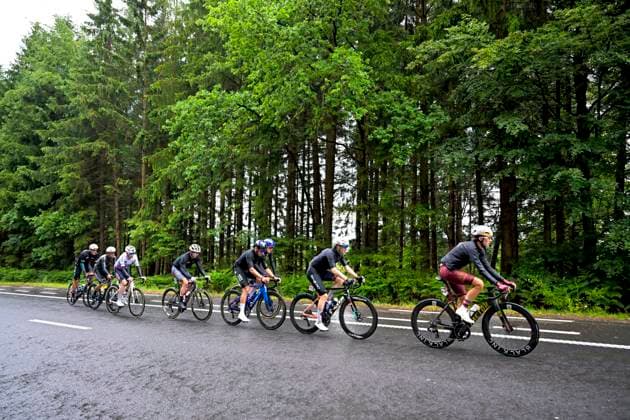 Tour de Wallonie 2026 Stage 4 EUPEN, BELGIUM - JUNE 04 : Florez Samuel (COL) of Modern Adventure Pro Cycling,Ronhaar Pim (NED) of Baloise Verzekeringen - Het Poetsbureau Lions, Belohvosciks Kristians (LAT) of BIKE AID, Lennemann Anton (GER) of BIKE AID, Demarcin Theo (BEL) of Color Code - Alu Center, Wood George (GBR) of Mg.K Vis Costruzioni e Ambiente, Killy Jonah (USA) of Tarteletto - Isorex, Appelbaum Henri Johannes (GER) of Team Storck - MRW Bau in the escape pack during stage 4 of the 47th edition of Ethias Tour de Wallonie an UCI ProSeries 2.Pro cycling road race stage for Men Elite of 166.7 km with start in Dison and finish in Eupen on June 4, 2026 in Eupen, Belgium, 04 06 2026 ( Motordriver Pieter Van Herzele - Eupen Belgium Copyright: xSesx