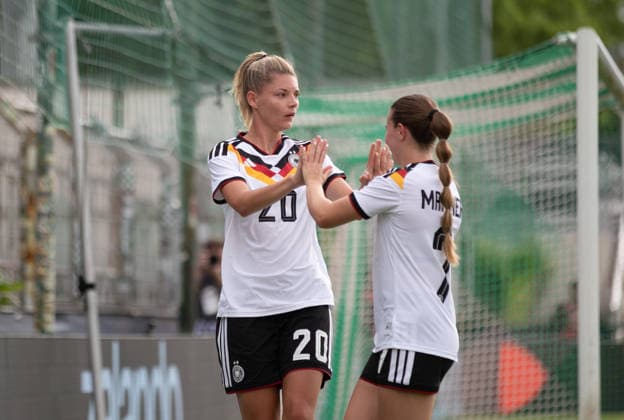 GER, Leipzig, DFB, Football, Womens football, international friendly, Germany U23 vs Denmark U23 in the picture from l Julia Landenberger Germany U23 20 , Sarah Mattner Germany U23 07 , Goal celebration 04 06 2026, Alfred Kunze Sportpark Leipzig DFB REGULATIONS PROHIBIT ANY USE OF PHOTOGRAPHS AS IMAGE SEQUENCES AND OR QUASI VIDEO, Copyright: HMBxMedia PaulxFritz