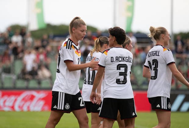 GER, Leipzig, DFB, Football, Womens football, international friendly, Germany U23 vs Denmark U23 in the picture from l Julia Landenberger Germany U23 20 , Dilara Acikgoez Germany U23 03 , Goal celebration 04 06 2026, Alfred Kunze Sportpark Leipzig DFB REGULATIONS PROHIBIT ANY USE OF PHOTOGRAPHS AS IMAGE SEQUENCES AND OR QUASI VIDEO, Copyright: HMBxMedia PaulxFritz