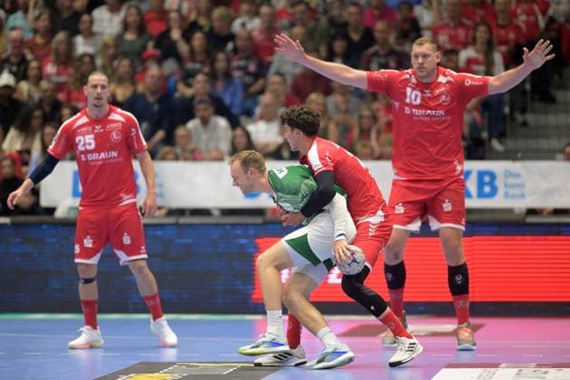 Mathias Gidsel Fuechse Berlin 19 on the ball , Marti Soler MT Melsungen 23 , Dainis Kristopans MT Melsungen 10 , Olle Forsell Schefvert MT Melsungen 25 L , GER, MT Melsungen Fuechse Berlin, Handball, 1 Bundesliga, 33 Matchday, Season 2025 2026, 04 06 2026, GER, MT Melsungen Fuechse Berlin, Handball, 1 Bundesliga, 33 Matchday, Season 2025 2026, 04 06 2026 Kassel Copyright: xEibner-Pressefotox xRolandxSippelx EP_RSL