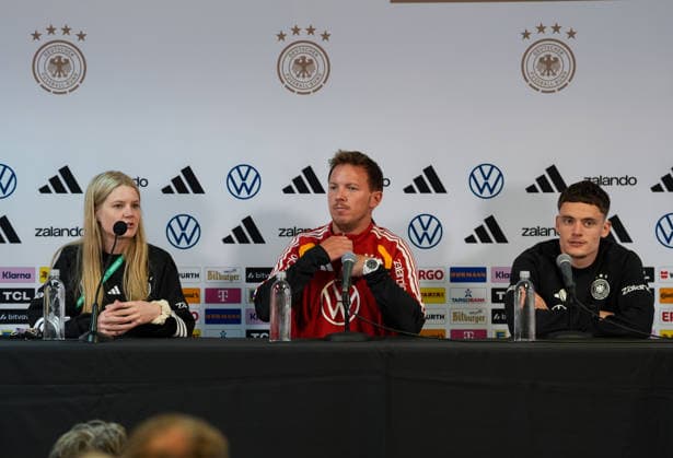 Franziska Wuelle Germany, Press Officer , Julian Nagelsmann Germany, Head Coach , and Florian Wirtz Germany, 17 , Press Conference USA, German National Soccer Team, Press Conference, Chicago, 05 06 2026 USA, German National Soccer Team, Press Conference, Chicago, 05 06 2026 Chicago Copyright: xEibner-Pressefoto ScottxColemanx EP_SCN