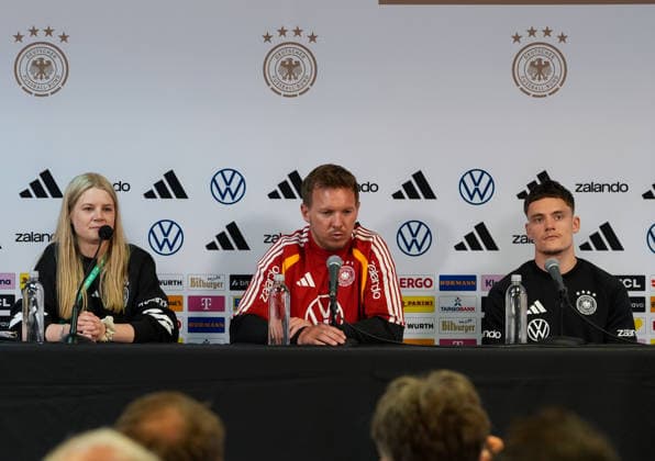 Franziska Wuelle Germany, Press Officer , Julian Nagelsmann Germany, Head Coach , and Florian Wirtz Germany, 17 , Press Conference USA, German National Soccer Team, Press Conference, Chicago, 05 06 2026 USA, German National Soccer Team, Press Conference, Chicago, 05 06 2026 Chicago Copyright: xEibner-Pressefoto ScottxColemanx EP_SCN