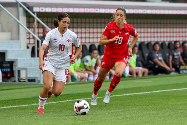 Maria Farrugia Malta, 10 and Viola Calligaris Switzerland, 18 in a running duel , Switzerland, Soccer, World Cup Qualification Europe Women, Matchday 5, 2026, Switzerland vs Malta, 05 06 2026, Lugano AIL Arena Switzerland Copyright: xGrantxHubbsx