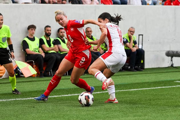 Maria Farrugia Malta, 10 and Nadine Riesen Switzerland, 08 in duel , Switzerland, Soccer, World Cup Qualification Europe Women, Matchday 5, 2026, Switzerland vs Malta, 05 06 2026, Lugano AIL Arena Switzerland Copyright: xGrantxHubbsx