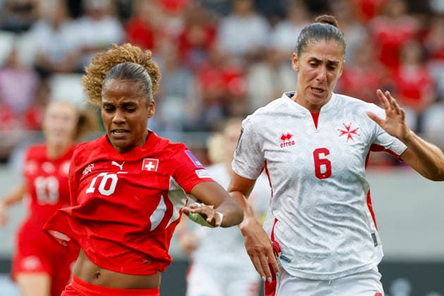 Aurelie Csillag Switzerland, 16 and Oceane Grange Malta, 06 , Switzerland, Football, World Cup Qualification Europe Women, Matchday 5, 2026, Switzerland vs Malta, 05 06 2026, Lugano AIL Arena Switzerland Copyright: xGrantxHubbsx