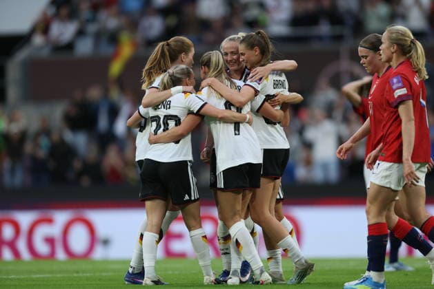 GER, Cologne, Germany vs Norway, international match, football, FIFA, 2026 2027 season, World Cup qualification, Rhein Energie Stadium, 5 match day in the picture Marie Müller Germany Women 7 , goal, jubilation and joy, emotions at the international match debut DFB DFL REGULATIONS PROHIBIT ANY USE OF PHOTOGRAPHS AS IMAGE SEQUENCES AND OR QUASI VIDEO, 05 06 2026 Copyright: HMBxMedia HendrikxHamelau