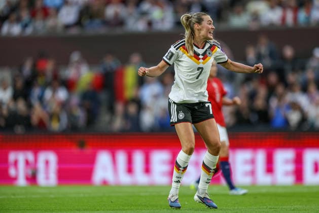 GER, Cologne, Germany vs Norway, international match, football, FIFA, 2026 2027 season, World Cup qualification, Rhein Energie Stadium, 5 match day in the picture Marie Müller Germany Women 7 , goal, jubilation and joy, emotions at the international match debut DFB DFL REGULATIONS PROHIBIT ANY USE OF PHOTOGRAPHS AS IMAGE SEQUENCES AND OR QUASI VIDEO, 05 06 2026 Copyright: HMBxMedia HendrikxHamelau