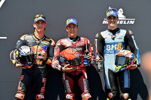 MOTO - MOTO GP - HUNGARY GRAND PRIX 2026 Podium Qualifications MARQUEZ Marc (spa), Ducati Lenovo Team, Ducati Desmosedici GP26, portrait ACOSTA Pedro (spa), Red Bull KTM Factory Racing, KTM RC16, portrait ALDEGUER Fermin (spa), BK8 Gresini Racing MotoGP, Ducati Desmosedici GP25, portraitduring the 2026 MotoGP Grand Prix of Hungary , on Balaton Park circuit, from June 5 to 7, in Hungary - Balaton ParkHungary Copyright: xGIGIxSOLDANOx