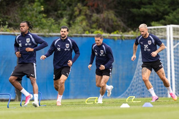 SOCCER - FIFA World Cup, WM, Weltmeisterschaft, Fussball 2026, preview SANTA BARBARA,CALIFORNIA,USA,06.JUN.26 - SOCCER - FIFA World Cup 2026, USA, Mexico, Canada, preview, Oesterreichischer Fussball-Bund, training team AUT. Image shows Carney Chukwuemeka, Florian Grillitsch, Marcel Sabitzer and Marko Arnautovic (AUT). GEPAxpictures xArminxRauthner