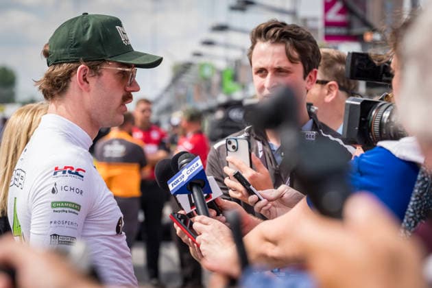June 6, 2026, Madison, Illinois, USA: IndyCar, Indy Car, IRL, USA SERIES driver, LOUIS FOSTER (45) (ENG) of Odiham, England, takes questions from the media before the Bommarito Automotive Group 500 at World Wide Technology Raceway in MADISON, Illinois, USA. Madison USA - ZUMAa161 20260606_aaa_a161_025 Copyright: xWalterxArce GMGx