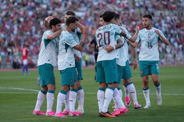 June 6, 2026, Lisbon, Portugal: Goncalo Guedes of Portugal (L), Ruben Dias of Portugal (L), Bruno Fernandes of Portugal (L), Joao Cancelo of Portugal (C), Ruben Neves of Portugal (C) and Goncalo Inacio of Portugal (R) celebrate a goal during the FIFA World Cup, WM, Weltmeisterschaft, Fussball 2026 International Friendly, Länderspiel, Nationalmannschaft match between Portugal and Chile at Estadio Nacional Jamor. Final score: Portugal 2:1 Chile. Lisbon Portugal - ZUMAs197 20260606_aaa_s197_250 Copyright: xBrunoxdexCarvalhox