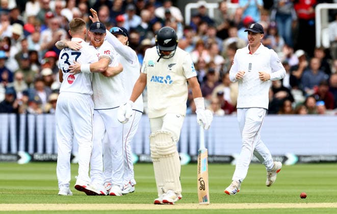Gus Atkinson of England celebrates taking the wicket Nathan Smith of New Zealand with team mates Ben Stokes of England. England v New Zealand, First Test, Day Four, Rothesay Test Match Series, Cricket, Lords, London, UK - 07 Jun 2026London Lords United Kingdom EDITORIAL USE ONLY No use with unauthorised audio, video, data, fixture lists, club league logos or live services. Online in-match use limited to 120 images, no video emulation. No use in betting, games or single club league player publications. Copyright: xJamesxMarsh Shutterstockx 16906581aw