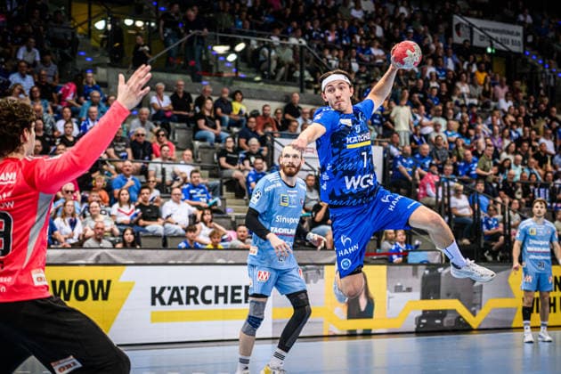 Kasper Thorsen Lien TVB Stuttgart, 07 vs. goalkeeper Tim Herceg HC Erlangen, 99 GER, TVB Stuttgart HC Erlangen, DAIKIN HBL, Handball, Bundesliga, Matchday 34, Season 2025 2026, 07 06 2026 GER, TVB Stuttgart HC Erlangen, DAIKIN HBL, Handball, Bundesliga, Matchday 34, Season 2025 2026, 07 06 2026 Stuttgart Copyright: xSandyxDinkelackerx EP_SDR