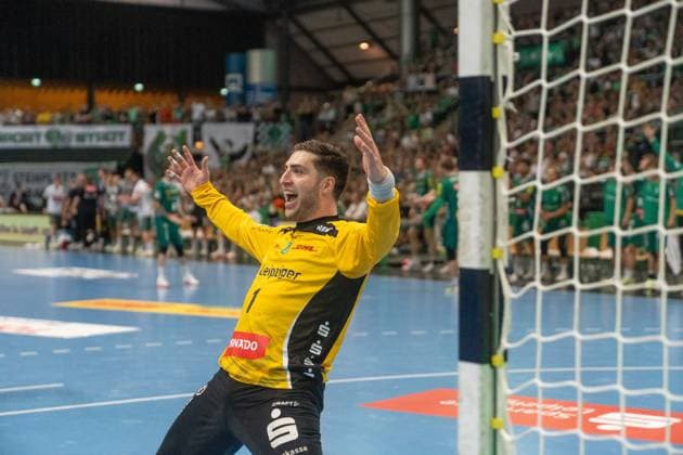 Domenico Ebner SC DHfK Leipzig, 01 euphorically celebrates a successful save SC DHfK Leipzig vs TSV GWD Minden, Handball, 1 Handball Bundesliga, Matchday 34, Season 2025 2026, 07 06 2026 SC DHfK Leipzig vs TSV GWD Minden, Handball, 1 Handball Bundesliga, Matchday 34, Season 2025 2026, 07 06 2026 Leipzig Copyright: xEibner-Pressefoto PiaxSchindlerx EP_PSR
