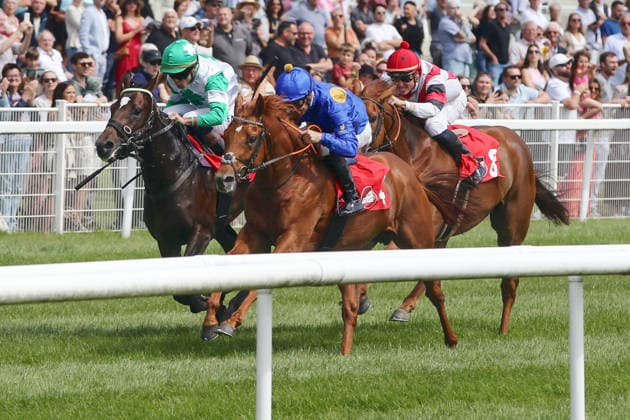 07 06 2026, Iffezheim, Baden Wuerttemberg, GER Abacus with Rene Piechulek blue dress wins racecourse Baden Baden, Iffezheim horse, jockey, Abacus, Piechulek, victory, finish, finish 260607B976IFFEZHEIM JPG