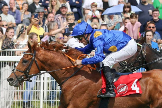 07 06 2026, Iffezheim, Baden Wuerttemberg, GER Abacus with Rene Piechulek wins racecourse Baden Baden, Iffezheim horse, jockey, Abacus, Piechulek, victory, finish, finish 260607B977IFFEZHEIM JPG
