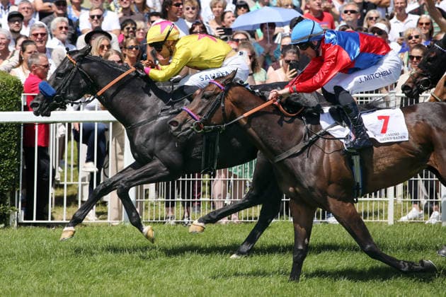 07 06 2026, Iffezheim, Baden Wuerttemberg, GER Viking with Thore Hammer Hansen wins the silver whip racecourse Baden Baden, Iffezheim horse, jockey, Viking, Hammer Hansen, victory, finish, finish 260607B982IFFEZHEIM JPG