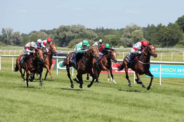 07 06 2026, Iffezheim, Baden Wuerttemberg, GER Alleno with Sibylle Vogt wins the Grand Prix of Tattersalls racecourse Baden Baden, Iffezheim horse, jockey, Alleno, Vogt, victory, finish, finish 260607B985IFFEZHEIM JPG