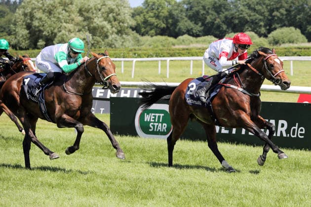 07 06 2026, Iffezheim, Baden Wuerttemberg, GER Alleno with Sibylle Vogt wins the Grand Prix of Tattersalls racecourse Baden Baden, Iffezheim horse, jockey, Alleno, Vogt, victory, finish, finish 260607B986IFFEZHEIM JPG