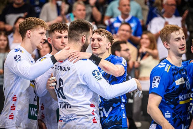 Max Haefner TVB Stuttgart, 03 is happy with Miljan Vujovic TVB Stuttgart, 16 , Jorick Pol TVB Stuttgart, 21 , Mateusz Kornecki TVB Stuttgart, 01 GER, TVB Stuttgart HC Erlangen, DAIKIN HBL, Handball, Bundesliga, 34 Matchday, Season 2025 2026, 07 06 2026 GER, TVB Stuttgart HC Erlangen, DAIKIN HBL, Handball, Bundesliga, 34 Matchday, Season 2025 2026, 07 06 2026 Stuttgart Copyright: xSandyxDinkelackerx EP_SDR