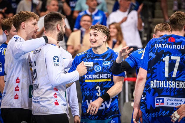 Max Haefner TVB Stuttgart, 03 is happy with Miljan Vujovic TVB Stuttgart, 16 , Jorick Pol TVB Stuttgart, 21 , Mateusz Kornecki TVB Stuttgart, 01 GER, TVB Stuttgart HC Erlangen, DAIKIN HBL, Handball, Bundesliga, 34 Matchday, Season 2025 2026, 07 06 2026 GER, TVB Stuttgart HC Erlangen, DAIKIN HBL, Handball, Bundesliga, 34 Matchday, Season 2025 2026, 07 06 2026 Stuttgart Copyright: xSandyxDinkelackerx EP_SDR