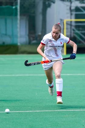 Lotte Hasselmann TSVMH, 19 , on the ball, cropped, full body, single image, single photo, action, action, 07 06 2026, Mannheim Germany , Hockey, 2 Bundesliga, Group South, Women, TSV Mannheim Nürnberger HTC xozx