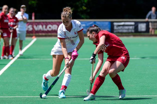 from left Marie Neumann TSVMH, 24 , Berenike Zaha NHTC, 26 , duel, duel, tackle, tackling, dynamics, action, action, 07 06 2026, Mannheim Germany , Hockey, 2 Bundesliga, Group South, Women, TSV Mannheim Nürnberger HTC xozx