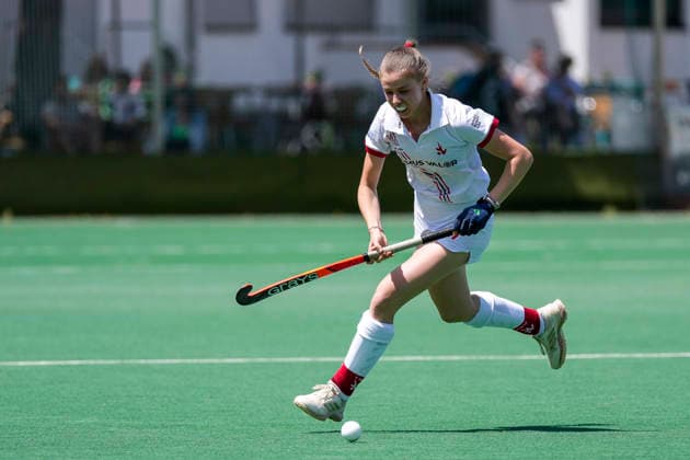 Lotte Hasselmann TSVMH, 19 , on the ball, cropped, full body, single image, single photo, action, action, 07 06 2026, Mannheim Germany , Hockey, 2 Bundesliga, Group South, Women, TSV Mannheim Nürnberger HTC xozx