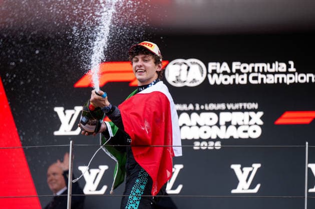 Andrea Kimi Antonelli Mercedes AMG Petronas F1 Team, Italy, 12 celebrates victory on the podium at the podium ceremony and sprays champagne, MCO, Formula 1 World Championship, Monaco Grand Prix, Monte Carlo, Race, 2026 season, 07 06 2026 MCO, Formula 1 World Championship, Monaco Grand Prix, Monte Carlo, Race, 2026 season, 07 06 2026 Monte Carlo Copyright: xEibner-Pressefoto Memmlerx EP_MMR