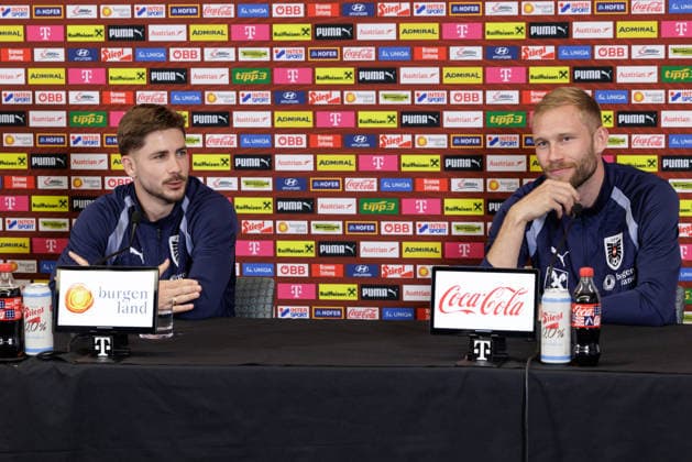 SOCCER - FIFA World Cup, WM, Weltmeisterschaft, Fussball 2026, preview SANTA BARBARA, CALIFORNIA,USA,07.JUN.26 - SOCCER - FIFA World Cup 2026, USA, Mexico, Canada, preview, Oesterreichischer Fussball-Bund, press conference, PK, Pressekonferenz team AUT. Image shows Romano Schmid and Konrad Laimer (AUT). GEPAxpictures xArminxRauthner