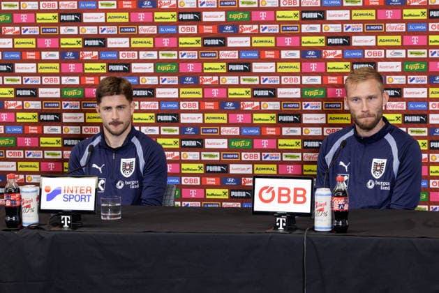SOCCER - FIFA World Cup, WM, Weltmeisterschaft, Fussball 2026, preview SANTA BARBARA, CALIFORNIA,USA,07.JUN.26 - SOCCER - FIFA World Cup 2026, USA, Mexico, Canada, preview, Oesterreichischer Fussball-Bund, press conference, PK, Pressekonferenz team AUT. Image shows Romano Schmid and Konrad Laimer (AUT). GEPAxpictures xArminxRauthner