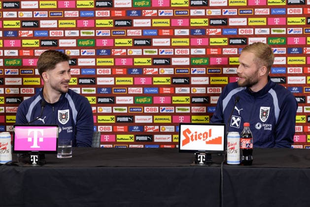 SOCCER - FIFA World Cup, WM, Weltmeisterschaft, Fussball 2026, preview SANTA BARBARA, CALIFORNIA,USA,07.JUN.26 - SOCCER - FIFA World Cup 2026, USA, Mexico, Canada, preview, Oesterreichischer Fussball-Bund, press conference, PK, Pressekonferenz team AUT. Image shows Romano Schmid and Konrad Laimer (AUT). GEPAxpictures xArminxRauthner